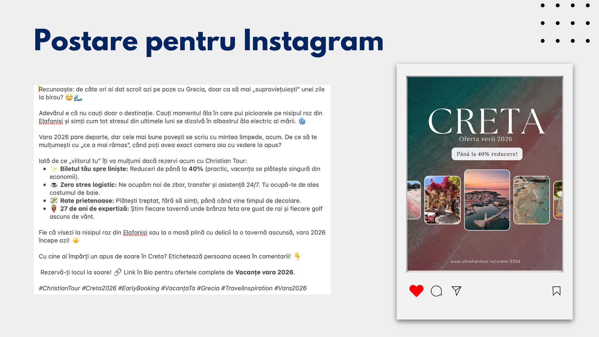 Instagram post with caption, hashtags, and visual mockup